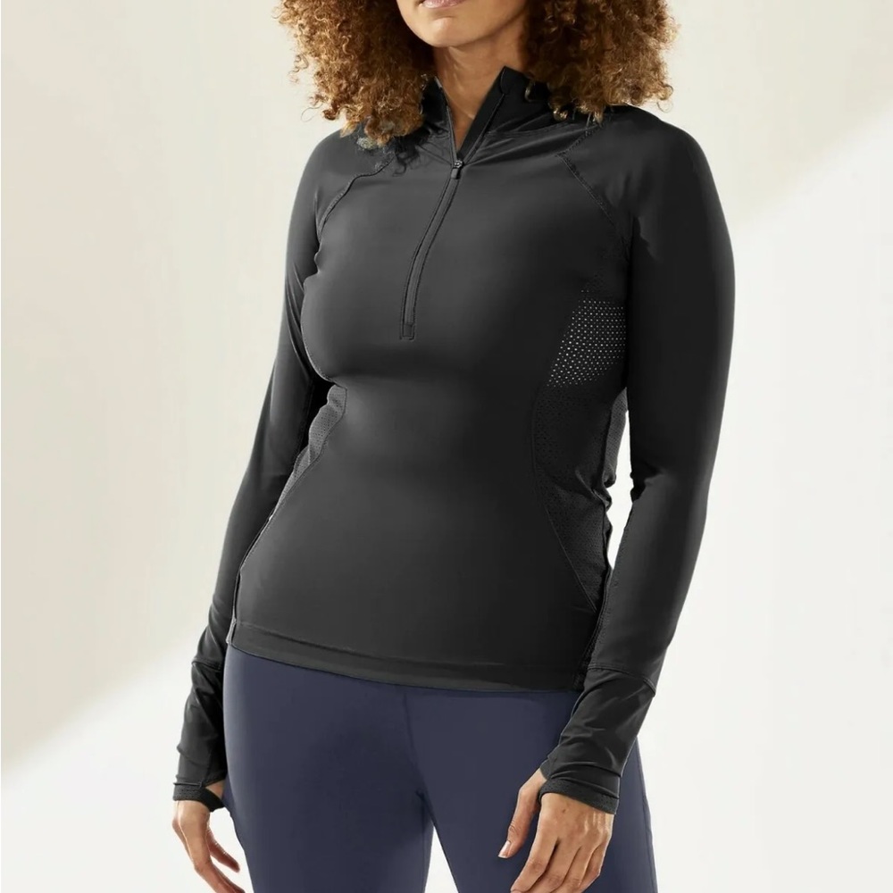 Athleta Pacifica Hybrid Half Zip Black Hooded Long Sleeve Mesh Top Large